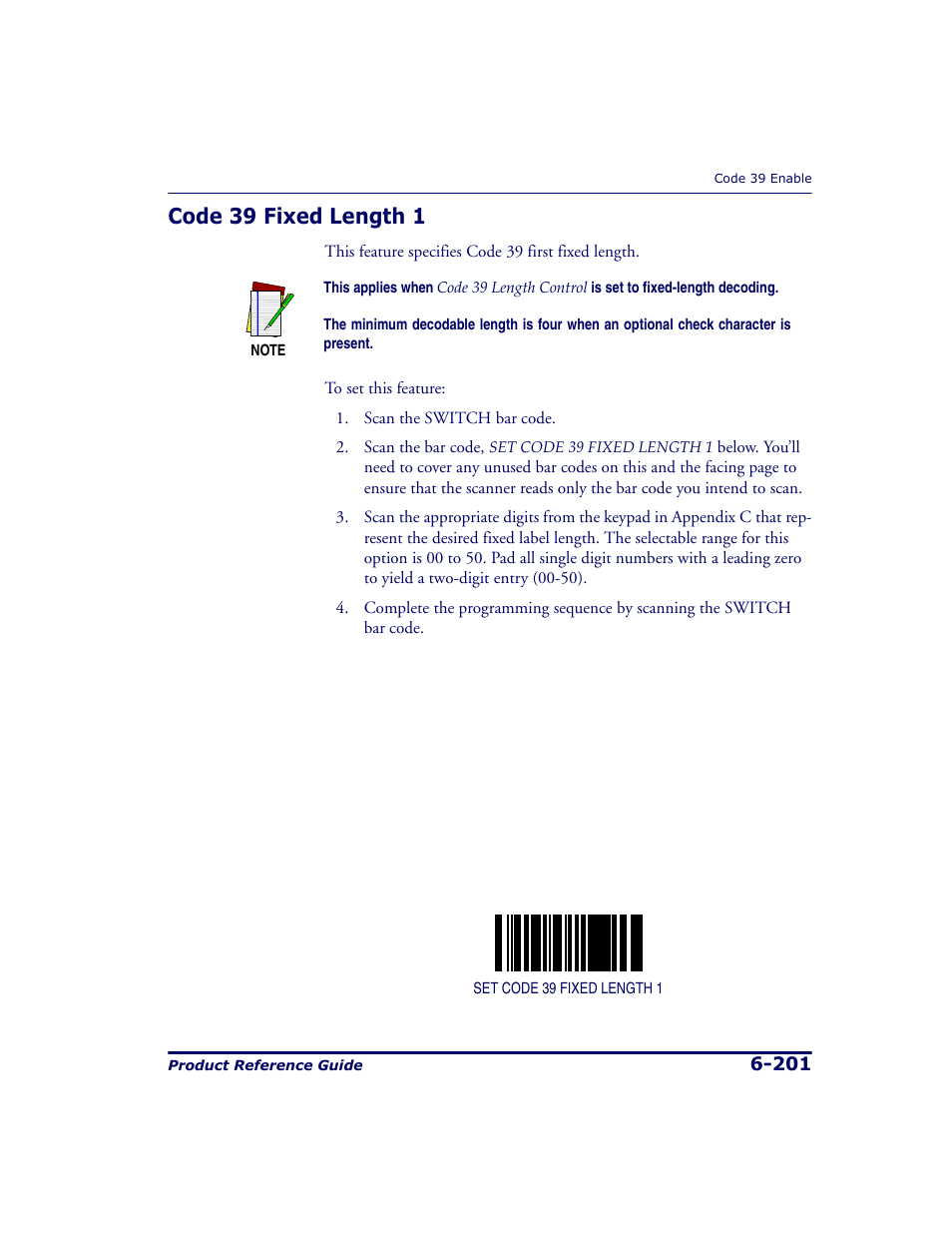 Code 39 fixed length 1, Code 39 fixed length 1 -201 | Datalogic Scanning 9500 User Manual | Page 317 / 460