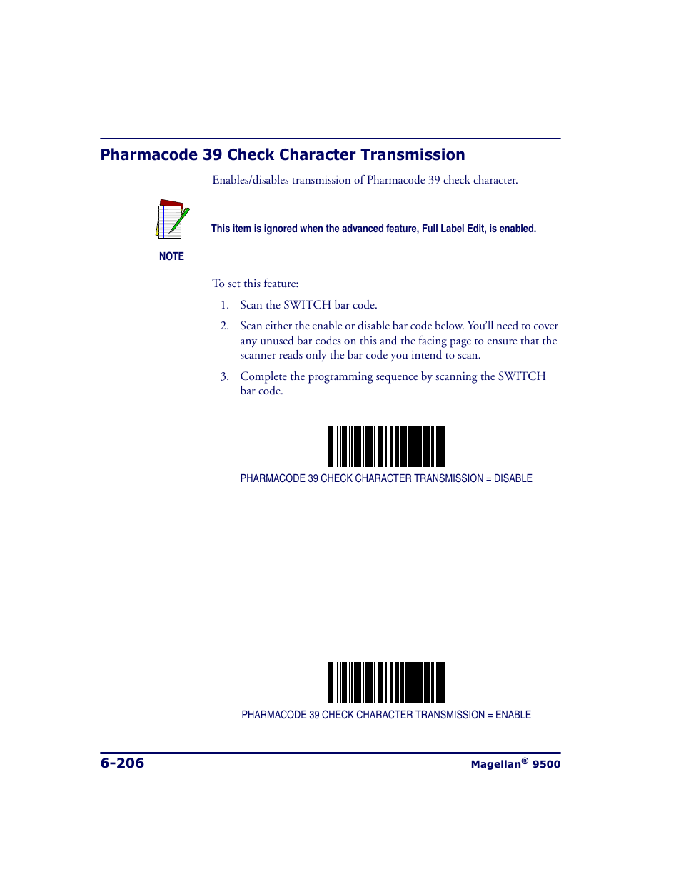Pharmacode 39 check character transmission, Pharmacode 39 check character transmission -206 | Datalogic Scanning 9500 User Manual | Page 322 / 460
