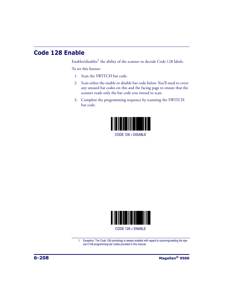 Code 128 enable, Code 128 enable -208 | Datalogic Scanning 9500 User Manual | Page 324 / 460