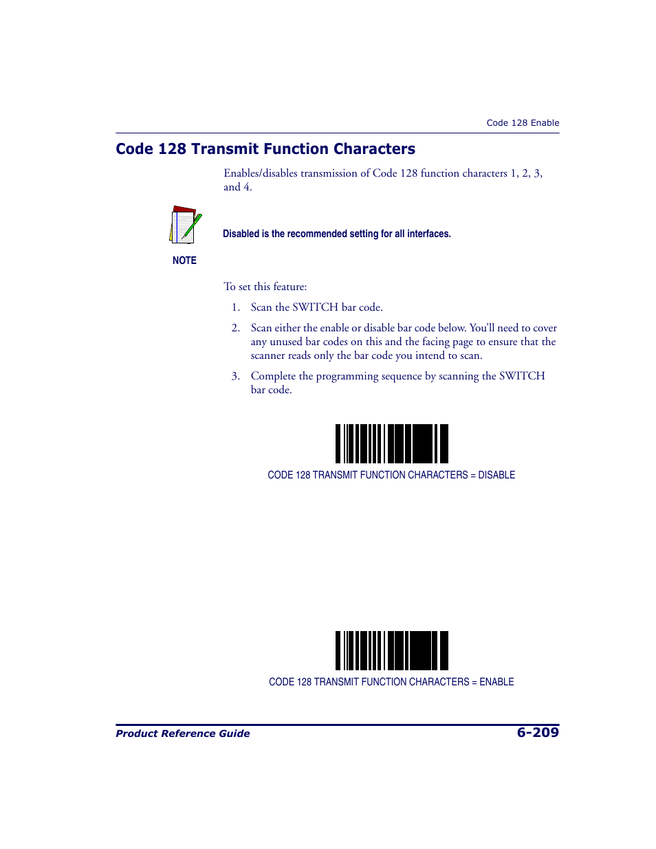 Code 128 transmit function characters, Code 128 transmit function characters -209 | Datalogic Scanning 9500 User Manual | Page 325 / 460