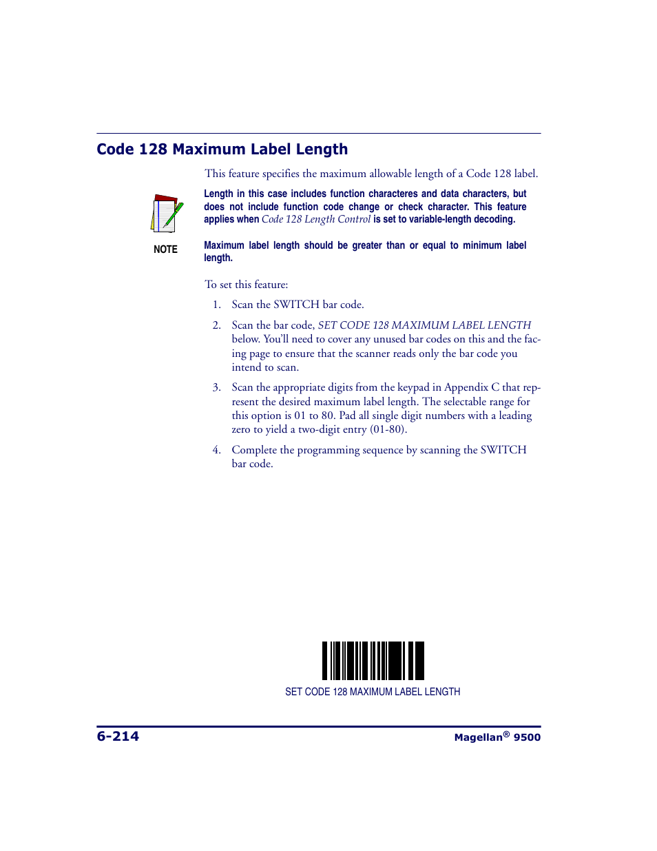 Code 128 maximum label length, Code 128 maximum label length -214, Atures | Code, 128 maximum label length | Datalogic Scanning 9500 User Manual | Page 330 / 460