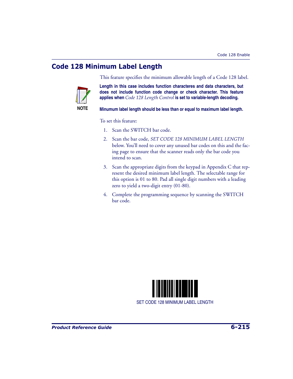 Code 128 minimum label length, Code 128 minimum label length -215, And code 128 minimum label length . if | Datalogic Scanning 9500 User Manual | Page 331 / 460