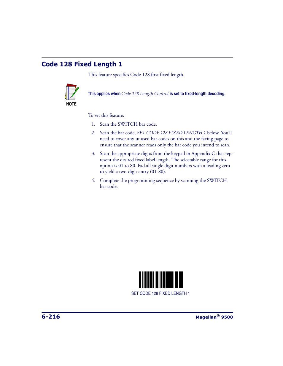 Code 128 fixed length 1, Code 128 fixed length 1 -216, W set | Code 128 fixed length | Datalogic Scanning 9500 User Manual | Page 332 / 460