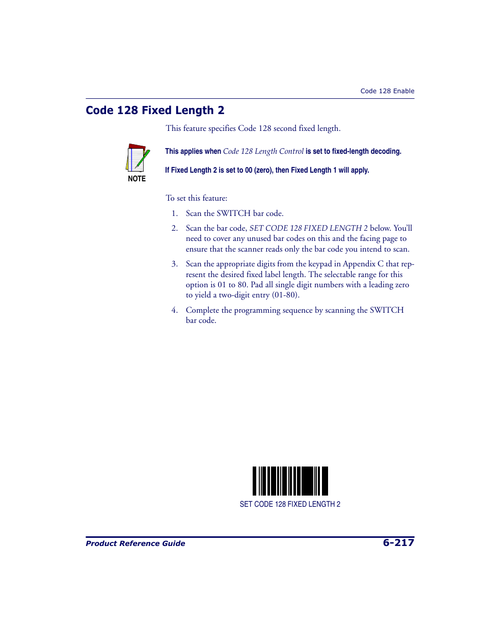 Code 128 fixed length 2, Code 128 fixed length 2 -217, And code 128 fixed length 2 | Datalogic Scanning 9500 User Manual | Page 333 / 460