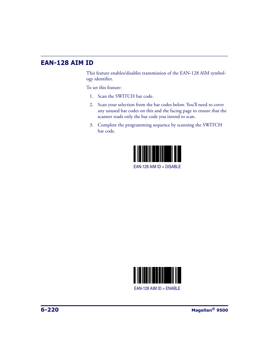Ean-128 aim id, Ean-128 aim id -220 | Datalogic Scanning 9500 User Manual | Page 336 / 460