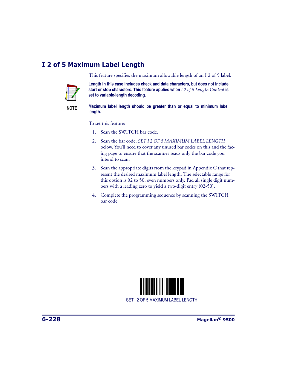 I 2 of 5 maximum label length, I 2 of 5 maximum label length -228, Eatures | I 2 of 5, Maximum label length | Datalogic Scanning 9500 User Manual | Page 344 / 460