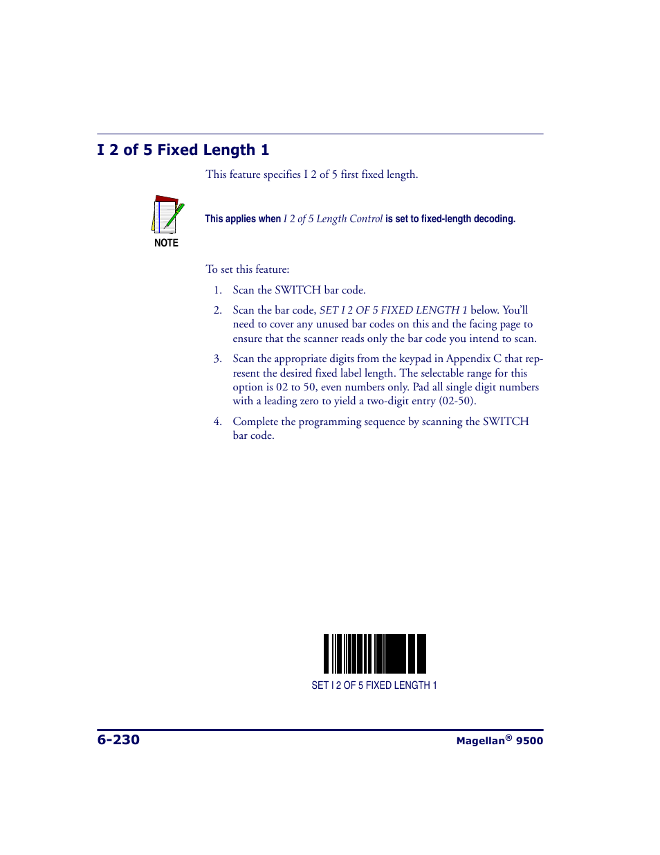 I 2 of 5 fixed length 1, I 2 of 5 fixed length 1 -230, W set | I 2 of 5 fixed length 1 and | Datalogic Scanning 9500 User Manual | Page 346 / 460