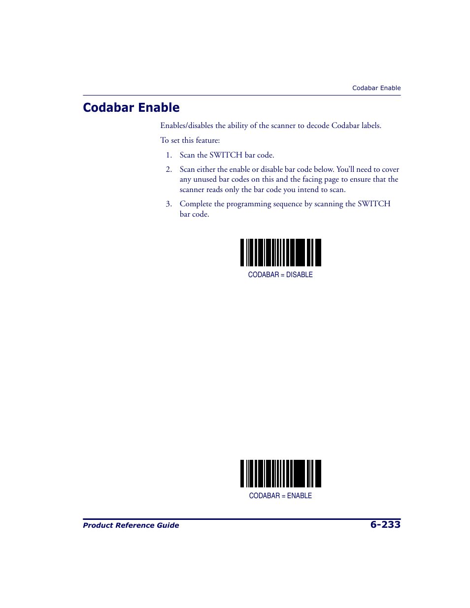 Codabar enable, Codabar enable -233 | Datalogic Scanning 9500 User Manual | Page 349 / 460