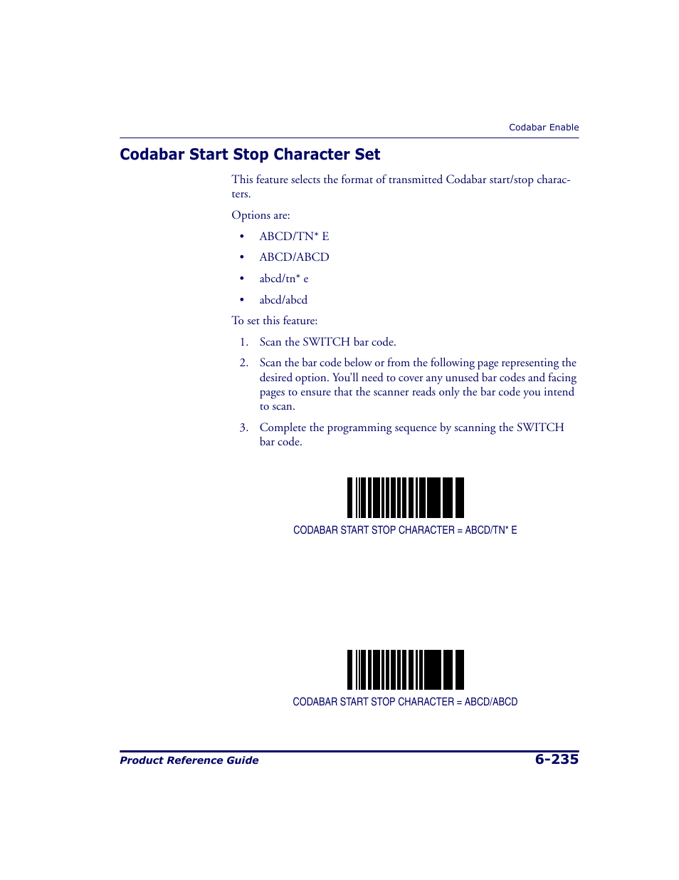 Codabar start stop character set, Codabar start stop character set -235 | Datalogic Scanning 9500 User Manual | Page 351 / 460