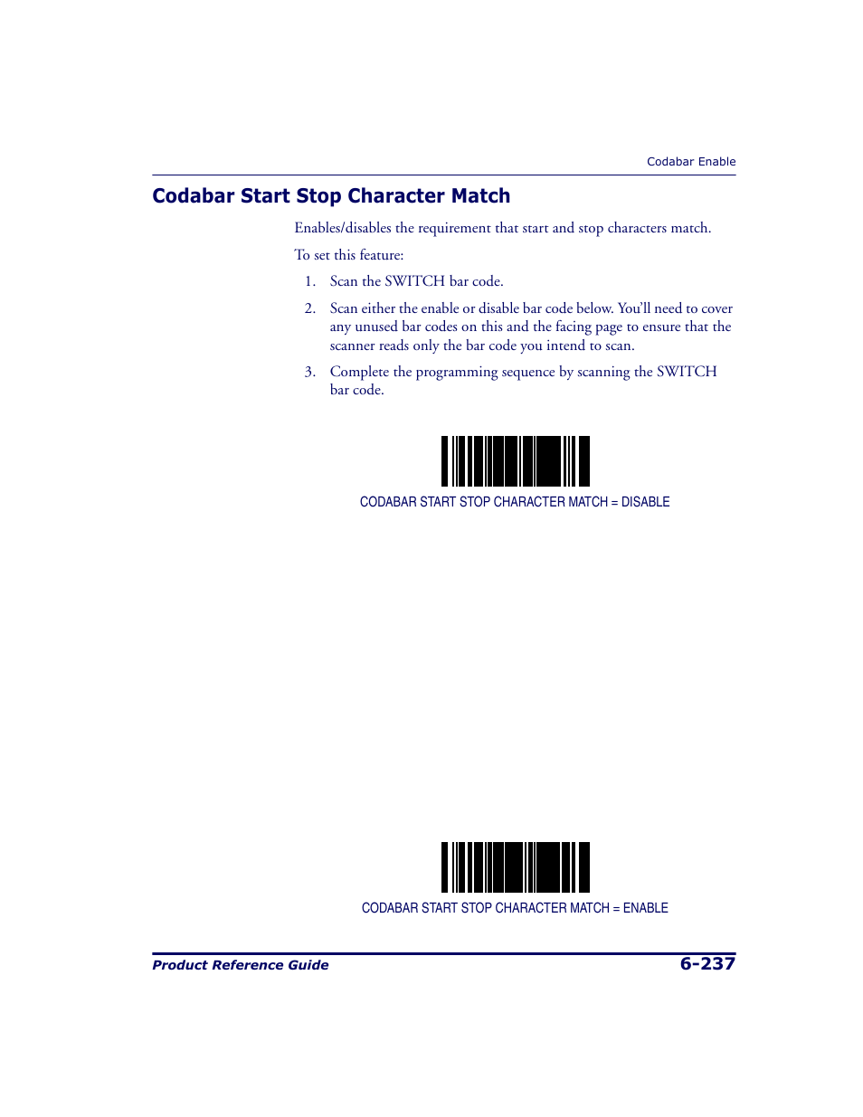 Codabar start stop character match, Codabar start stop character match -237 | Datalogic Scanning 9500 User Manual | Page 353 / 460