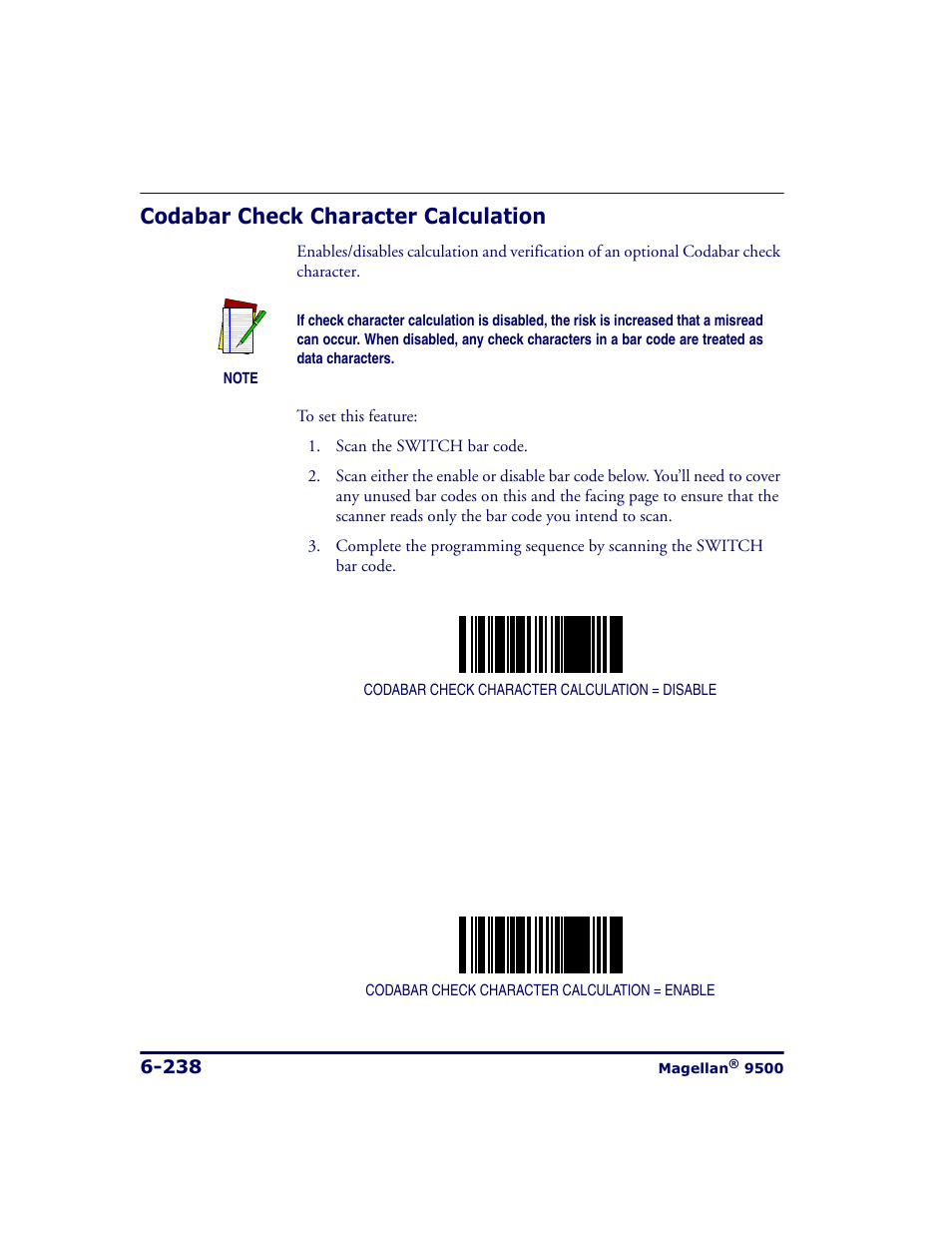 Codabar check character calculation, Codabar check character calculation -238 | Datalogic Scanning 9500 User Manual | Page 354 / 460