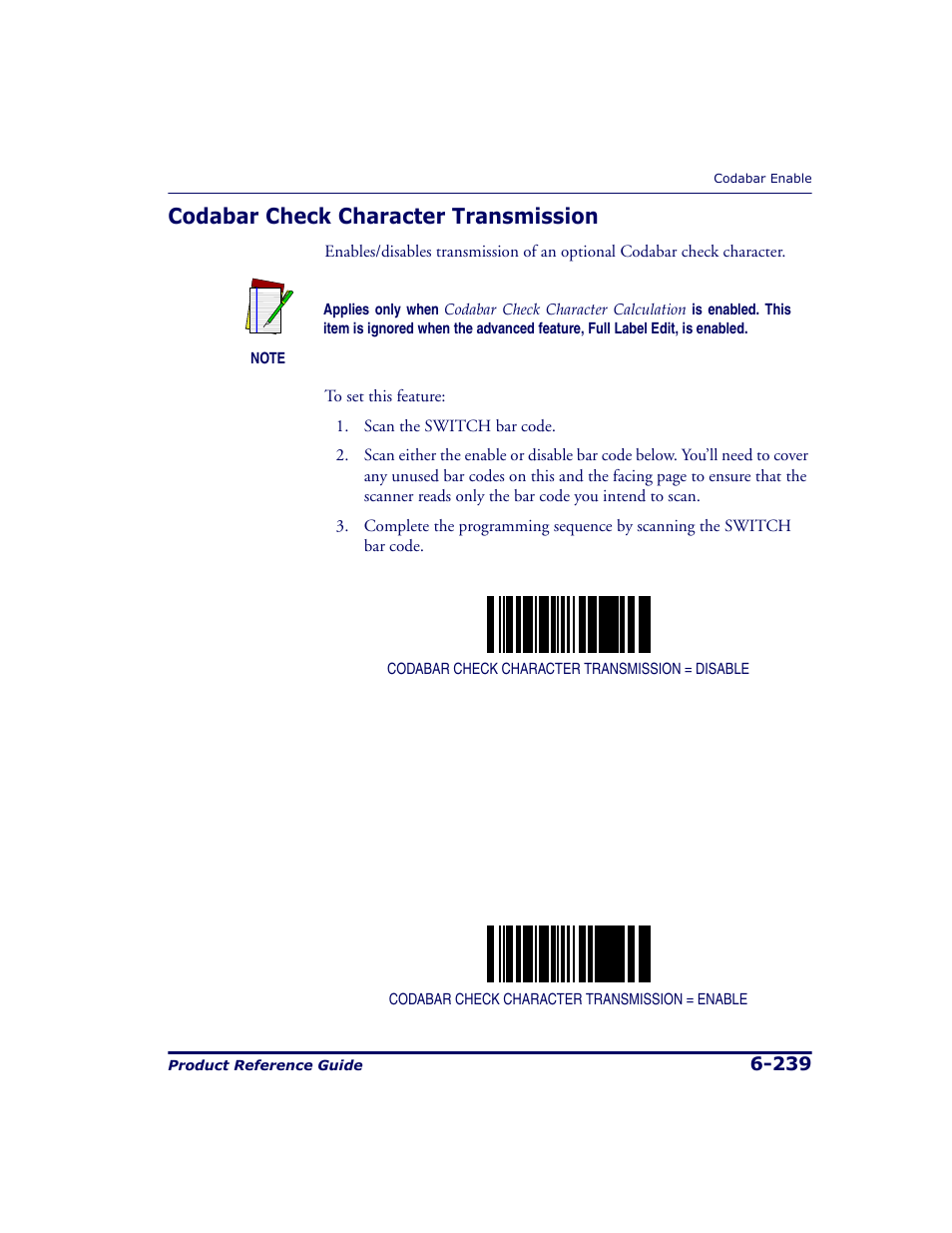 Codabar check character transmission, Codabar check character transmission -239 | Datalogic Scanning 9500 User Manual | Page 355 / 460