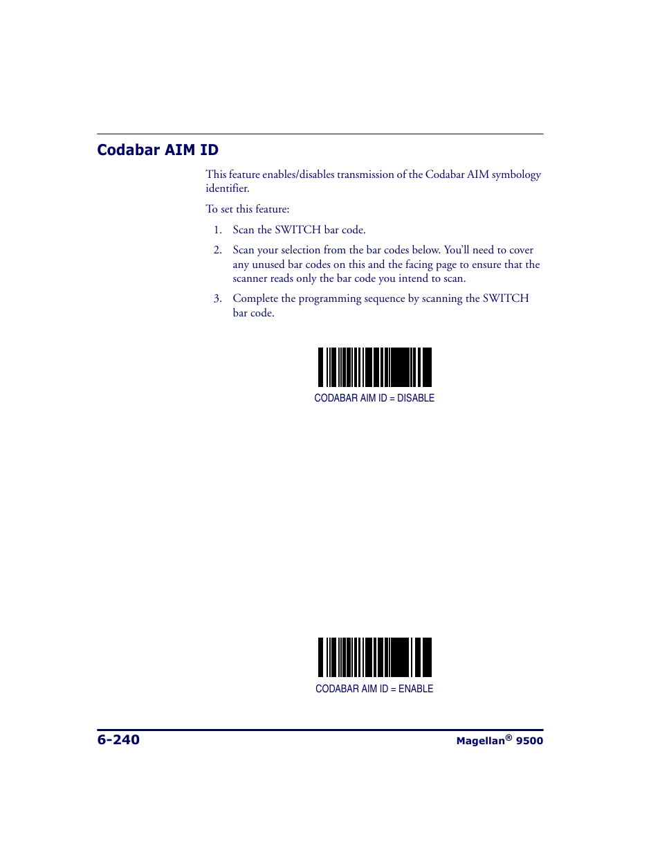 Codabar aim id, Codabar aim id -240 | Datalogic Scanning 9500 User Manual | Page 356 / 460