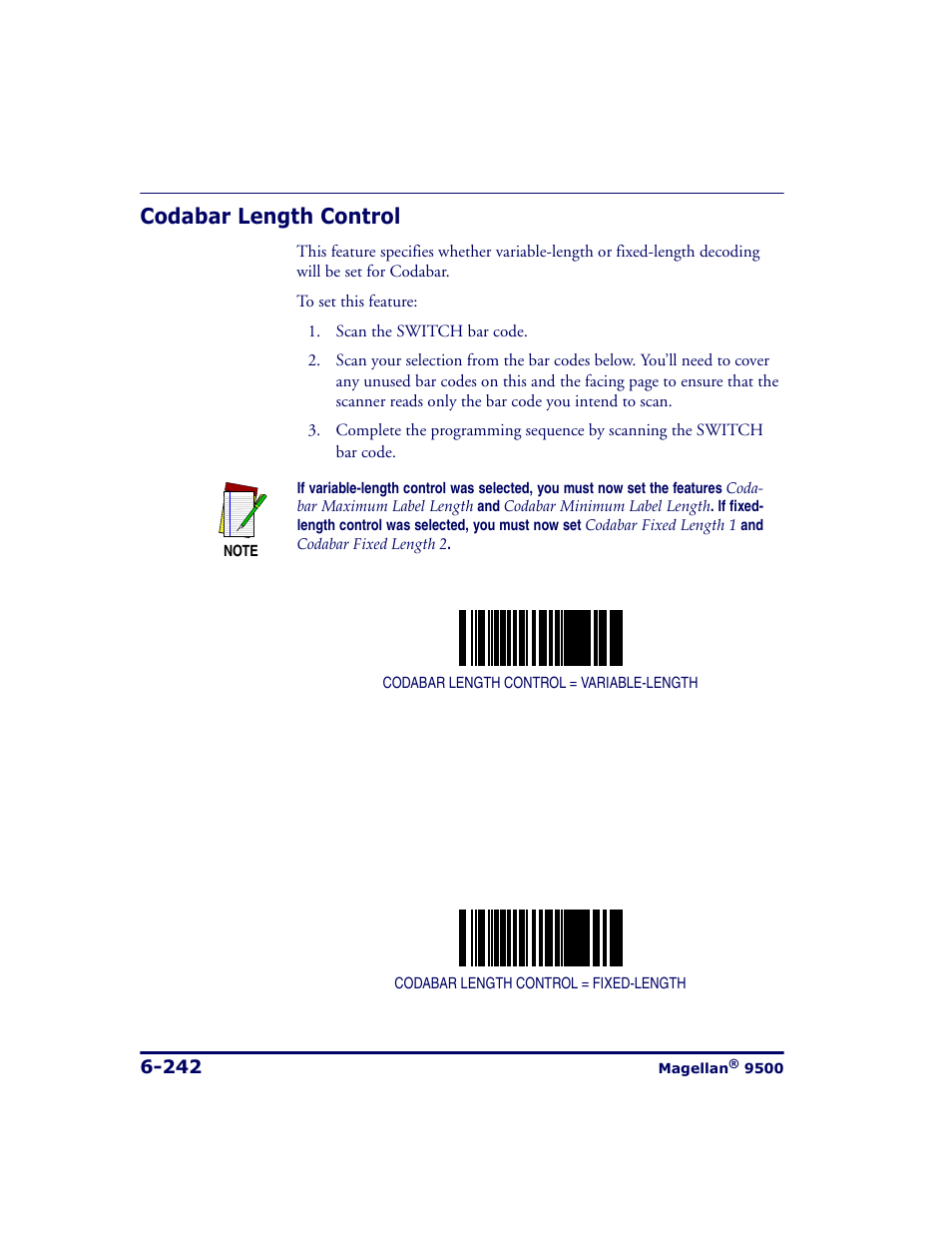 Codabar length control, Codabar length control -242 | Datalogic Scanning 9500 User Manual | Page 358 / 460