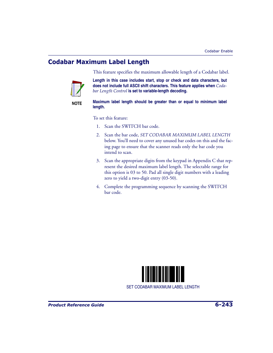 Codabar maximum label length, Codabar maximum label length -243, Coda | Bar maximum label length and | Datalogic Scanning 9500 User Manual | Page 359 / 460