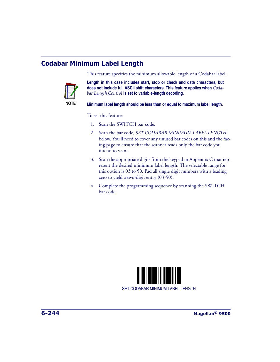 Codabar minimum label length, Codabar minimum label length -244 | Datalogic Scanning 9500 User Manual | Page 360 / 460