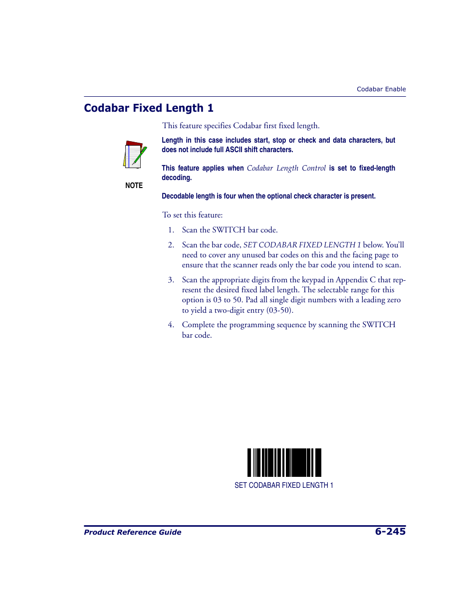 Codabar fixed length 1, Codabar fixed length 1 -245 | Datalogic Scanning 9500 User Manual | Page 361 / 460