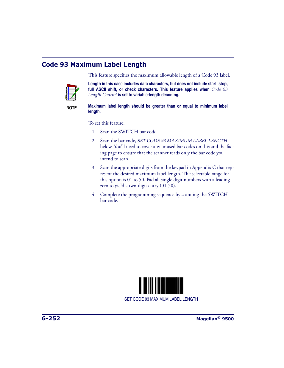 Code 93 maximum label length, Code 93 maximum label length -252, Code | 93 maximum label length | Datalogic Scanning 9500 User Manual | Page 368 / 460