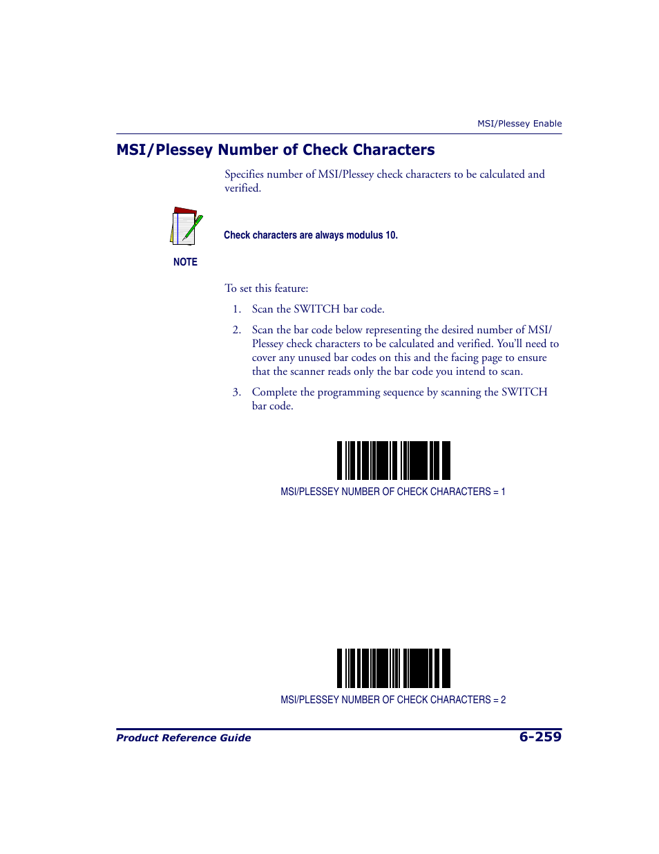 Msi/plessey number of check characters, Msi/plessey number of check characters -259 | Datalogic Scanning 9500 User Manual | Page 375 / 460