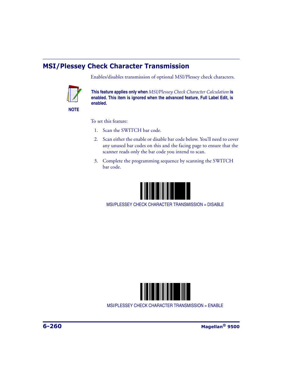 Msi/plessey check character transmission, Msi/plessey check character transmission -260 | Datalogic Scanning 9500 User Manual | Page 376 / 460