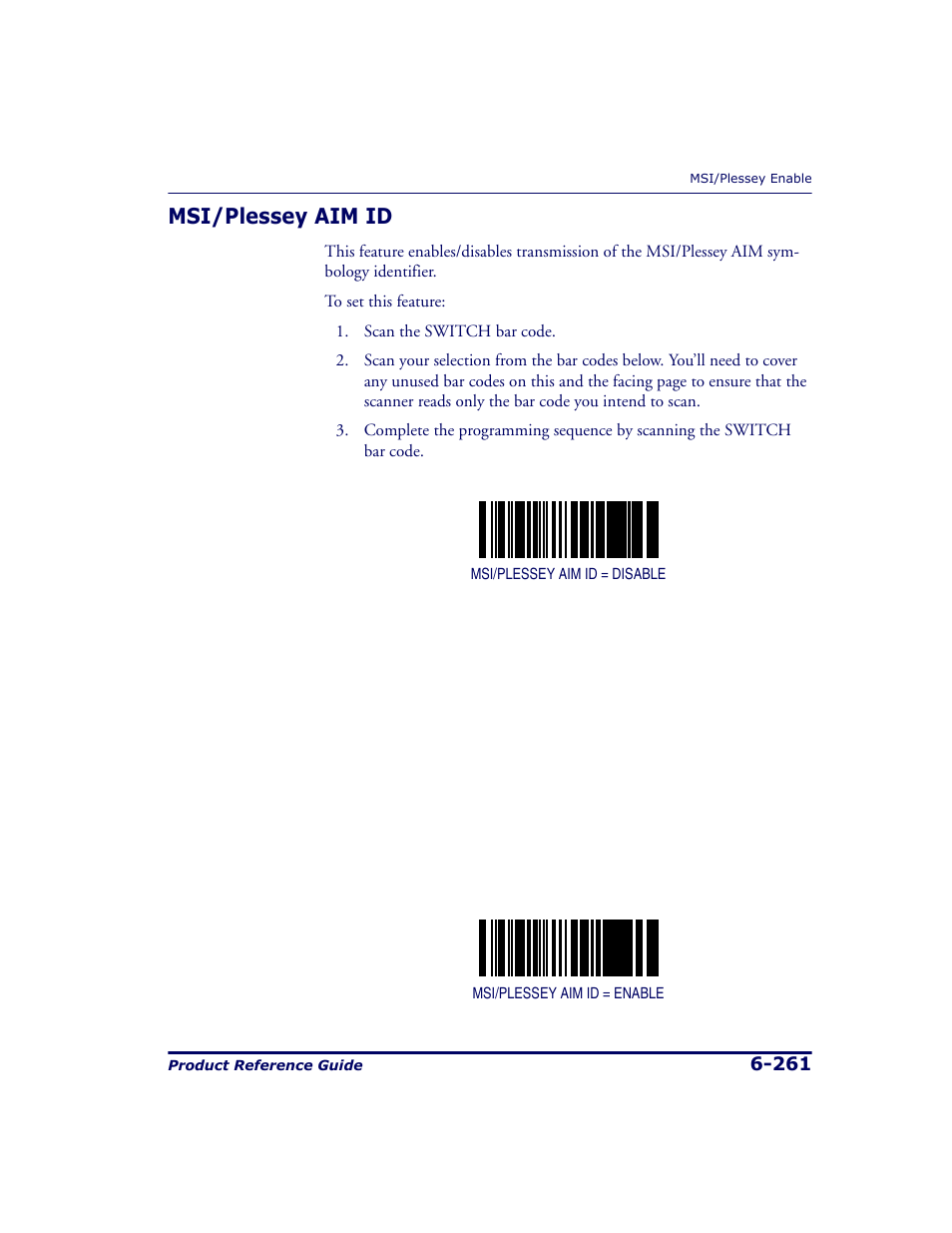 Msi/plessey aim id, Msi/plessey aim id -261 | Datalogic Scanning 9500 User Manual | Page 377 / 460