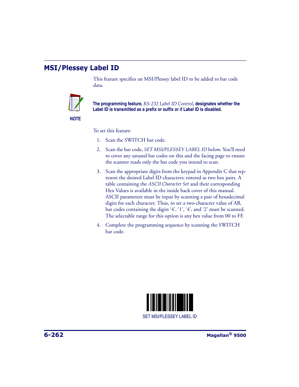 Msi/plessey label id, Msi/plessey label id -262 | Datalogic Scanning 9500 User Manual | Page 378 / 460