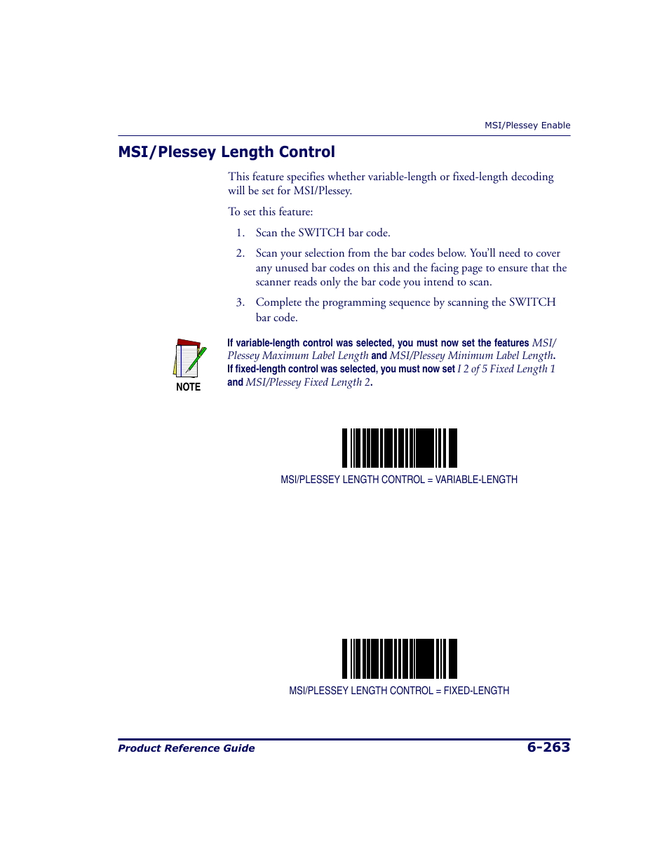 Msi/plessey length control, Msi/plessey length control -263 | Datalogic Scanning 9500 User Manual | Page 379 / 460