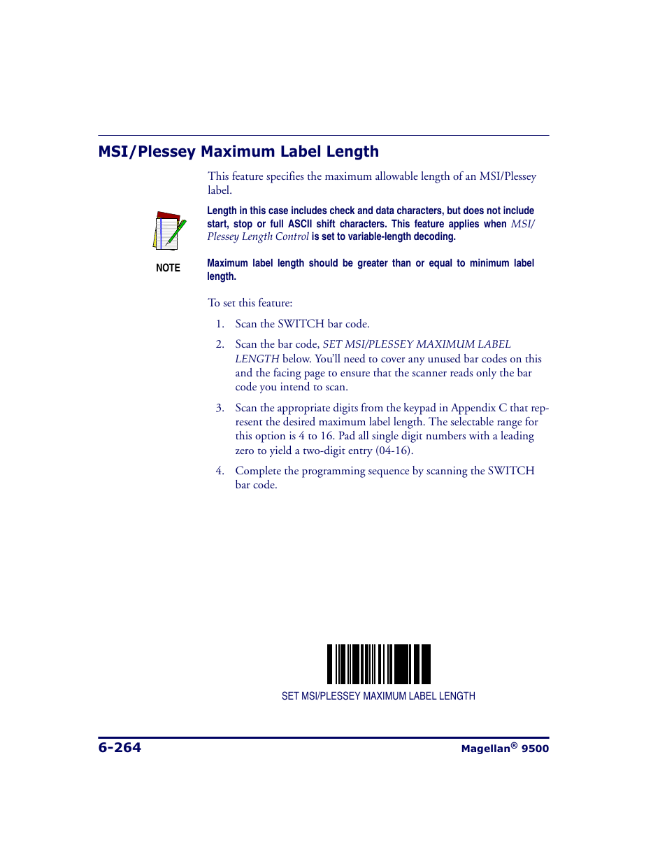 Msi/plessey maximum label length, Msi/plessey maximum label length -264, Atures | Plessey maximum label length | Datalogic Scanning 9500 User Manual | Page 380 / 460