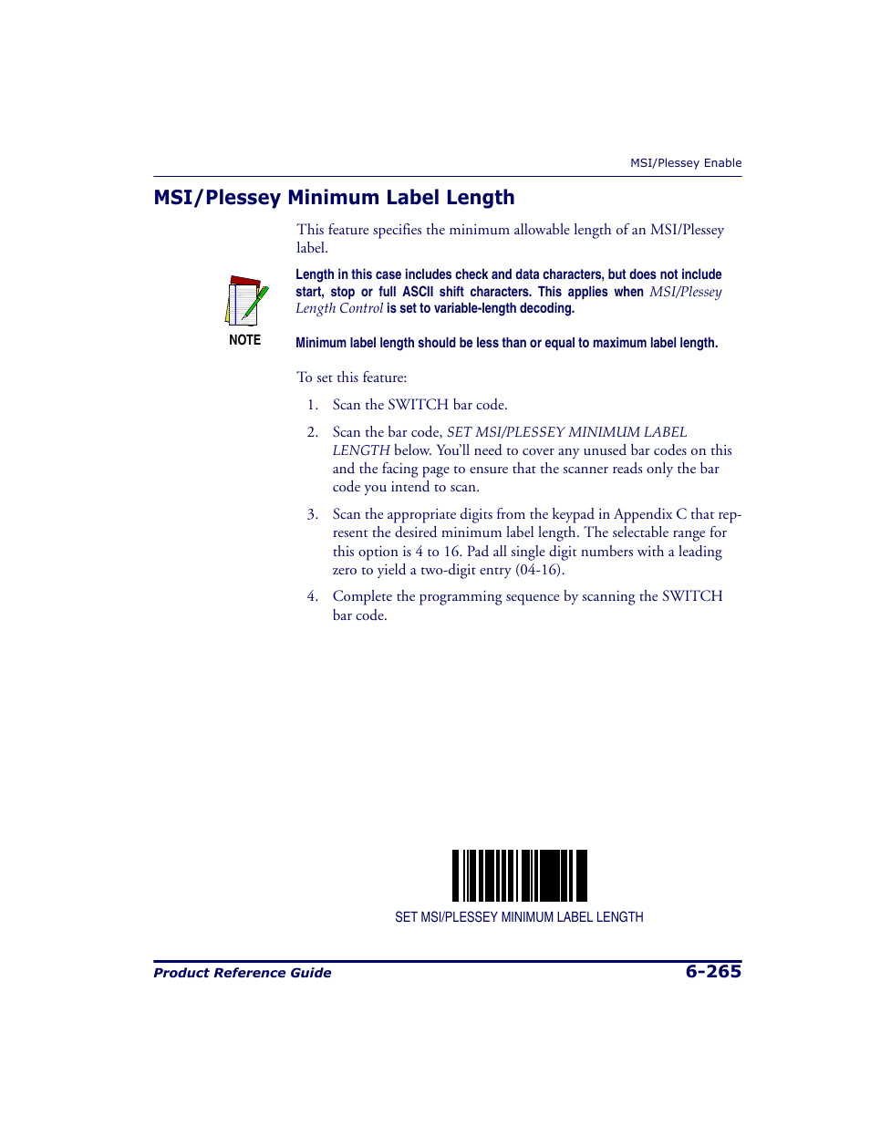 Msi/plessey minimum label length, Msi/plessey minimum label length -265 | Datalogic Scanning 9500 User Manual | Page 381 / 460