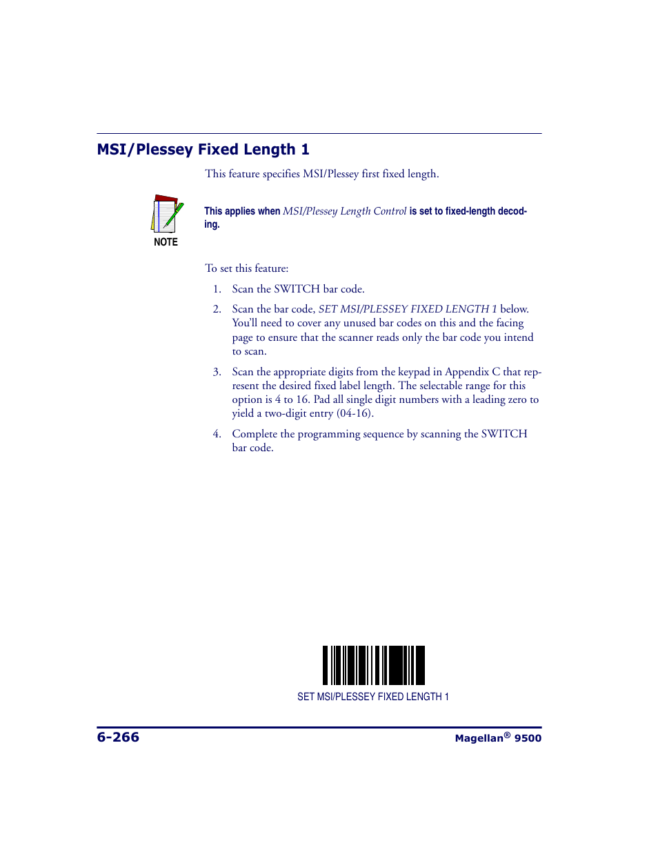 Msi/plessey fixed length 1, Msi/plessey fixed length 1 -266 | Datalogic Scanning 9500 User Manual | Page 382 / 460