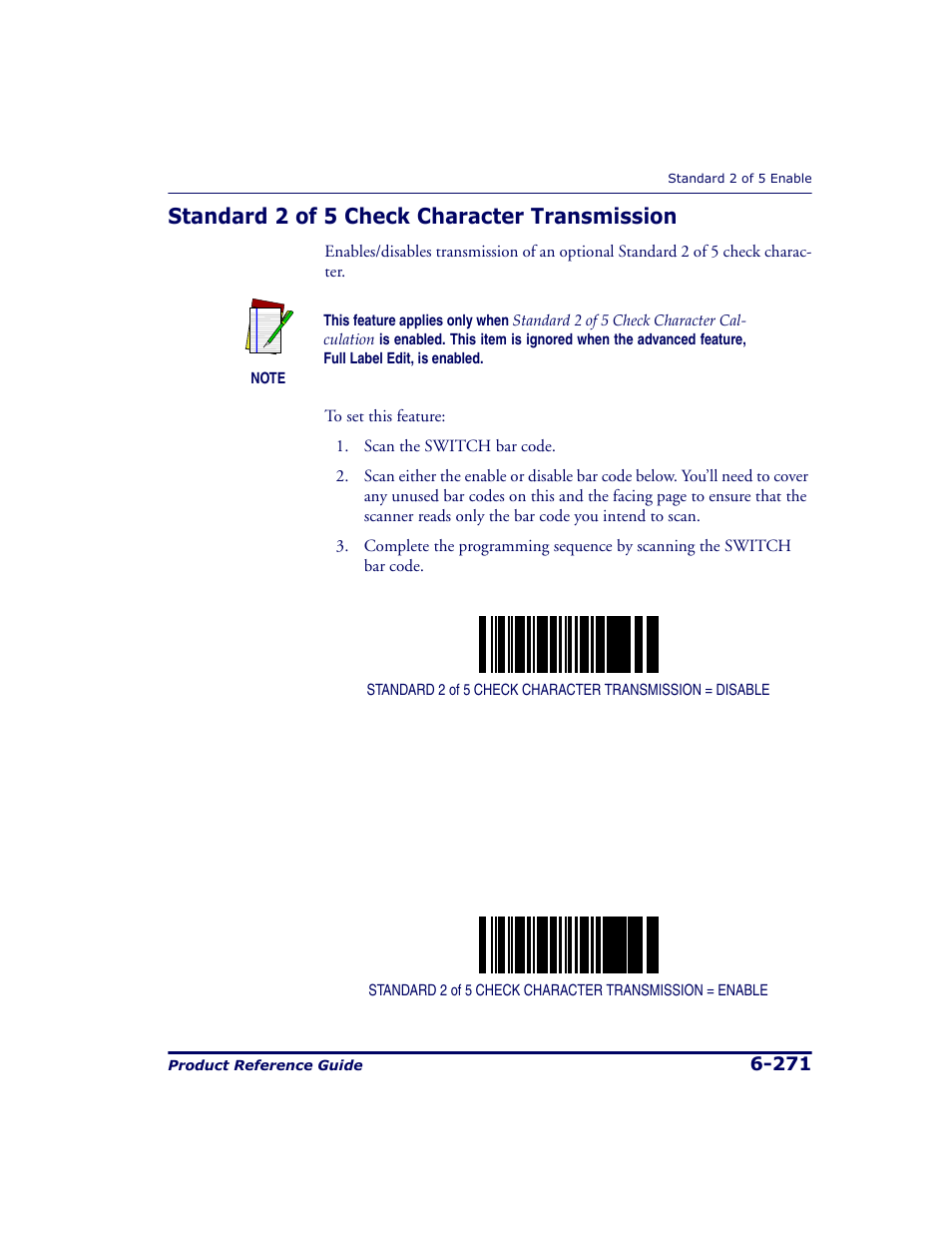 Standard 2 of 5 check character transmission, Standard 2 of 5 check character transmission -271 | Datalogic Scanning 9500 User Manual | Page 387 / 460