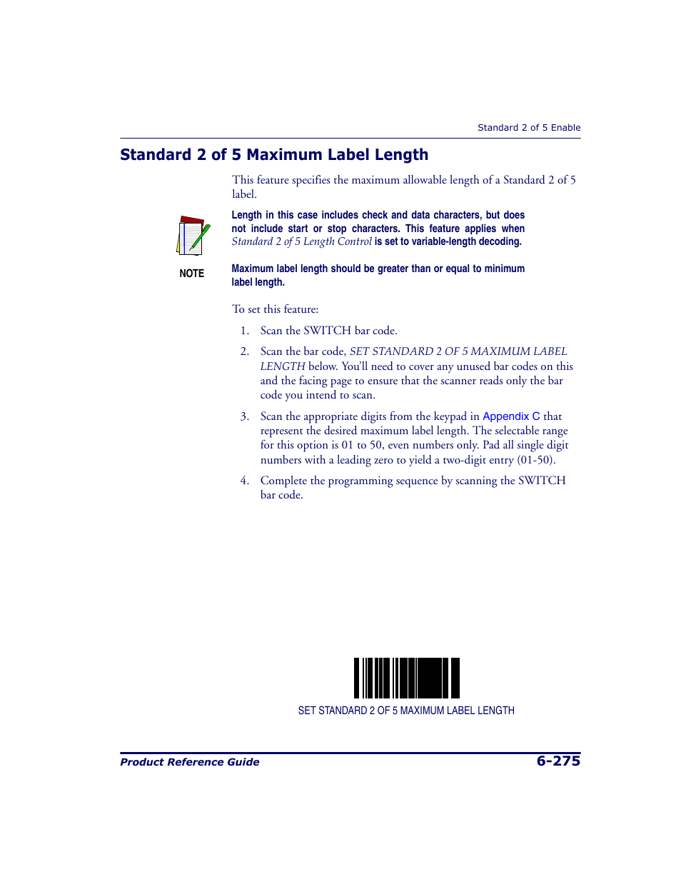 Standard 2 of 5 maximum label length, Standard 2 of 5 maximum label length -275 | Datalogic Scanning 9500 User Manual | Page 391 / 460
