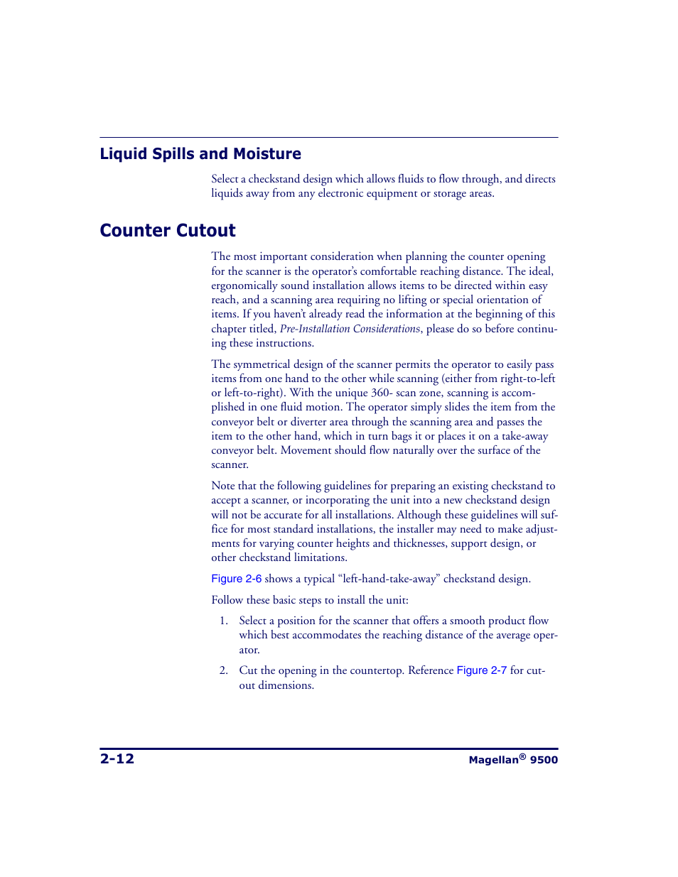 Liquid spills and moisture, Counter cutout, Liquid spills and moisture -12 | Counter cutout -12 | Datalogic Scanning 9500 User Manual | Page 40 / 460