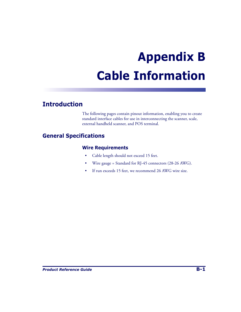 Cable information, Introduction, General specifications | Appendix b, Outlines wir, Appendix b cable information | Datalogic Scanning 9500 User Manual | Page 407 / 460