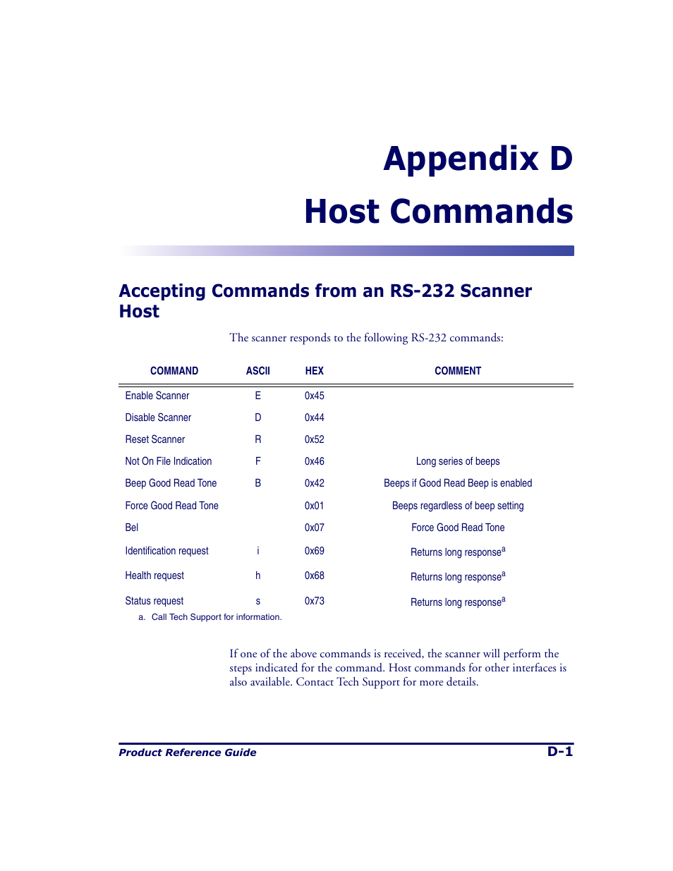 Host commands, Accepting commands from an rs-232 scanner host, Appendix d | Contains a par, Fer to appendix d for mor, Appendix d host commands | Datalogic Scanning 9500 User Manual | Page 425 / 460