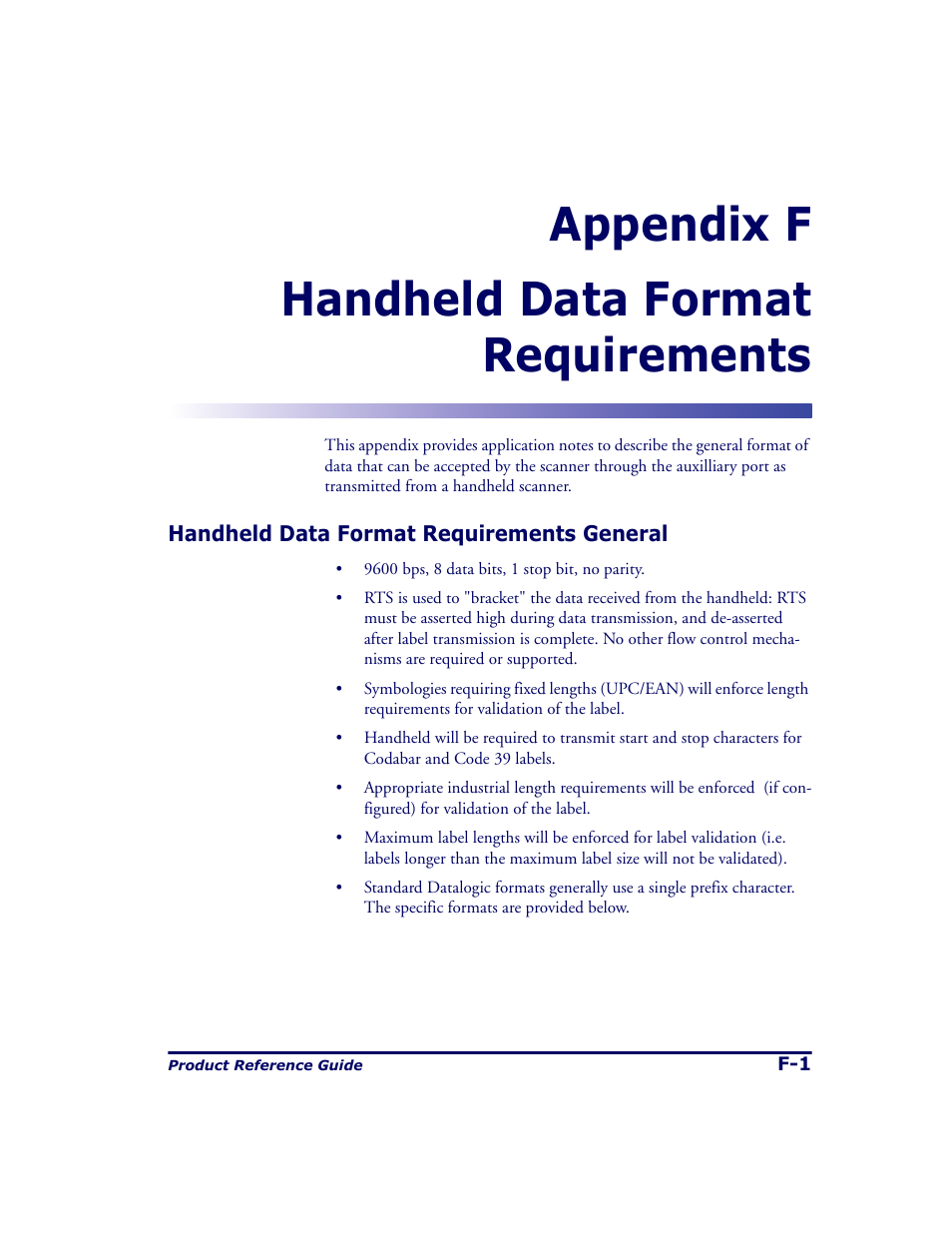 Handheld data format requirements, Handheld data format requirements general, Appendix f | Esented in appendix f of this, Appendix f handheld data format requirements | Datalogic Scanning 9500 User Manual | Page 443 / 460