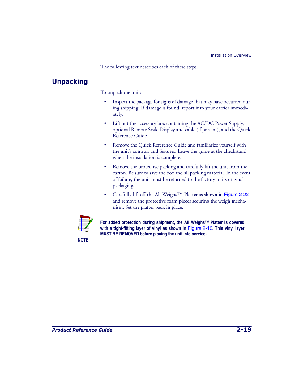 Unpacking, Unpacking -19 | Datalogic Scanning 9500 User Manual | Page 47 / 460