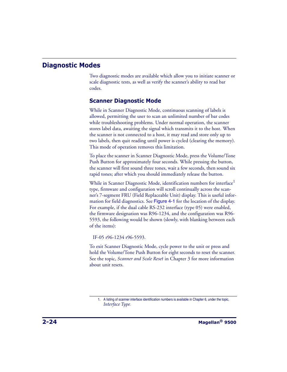 Diagnostic modes, Diagnostic modes -24 | Datalogic Scanning 9500 User Manual | Page 52 / 460