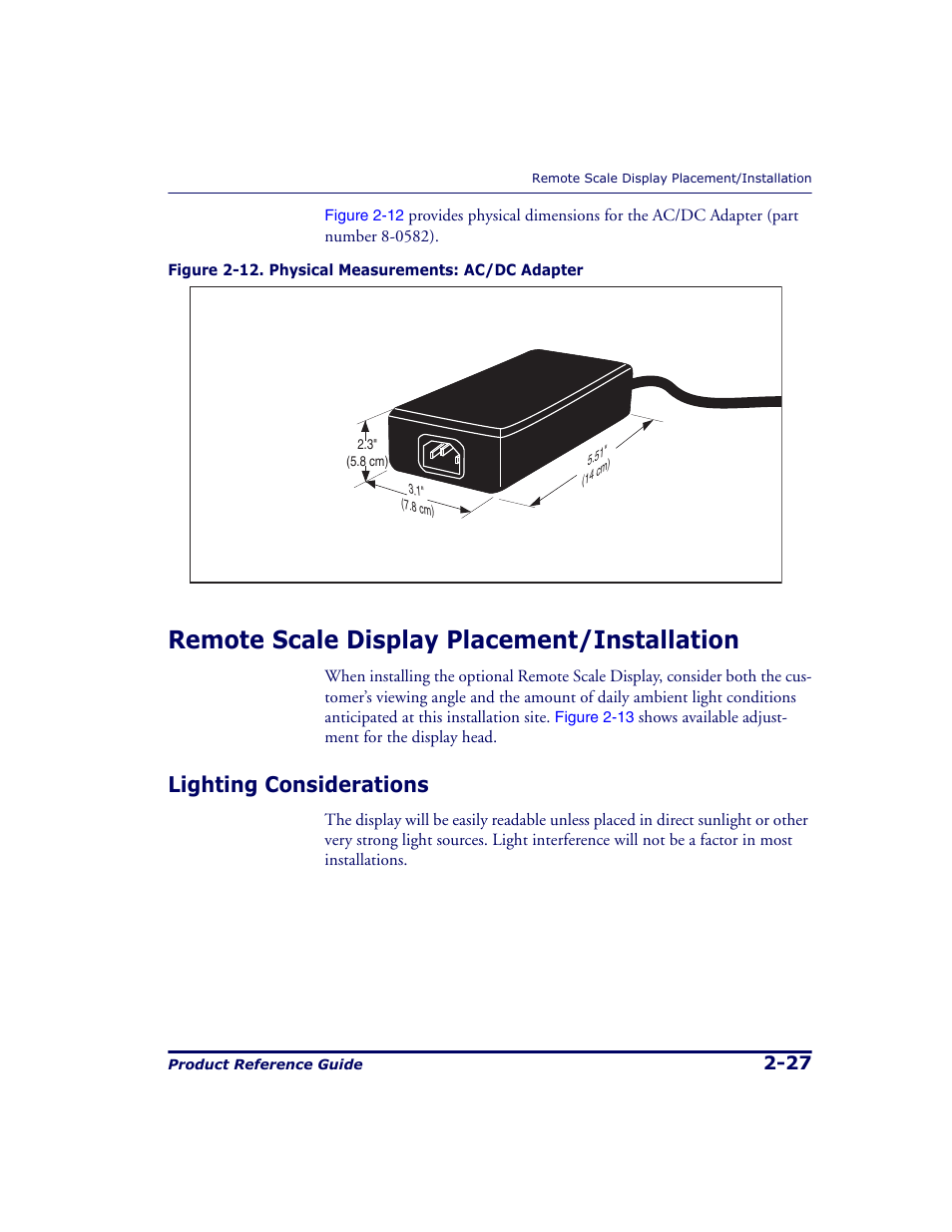Remote scale display placement/installation, Lighting considerations, Remote scale display placement/installation -27 | Lighting considerations -27 | Datalogic Scanning 9500 User Manual | Page 55 / 460