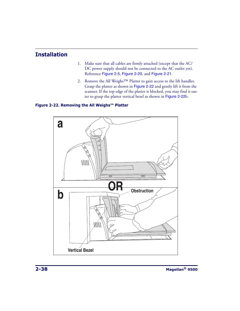 Installation, Installation -38, Figure 2-22 | The platter (see, Ab or | Datalogic Scanning 9500 User Manual | Page 66 / 460