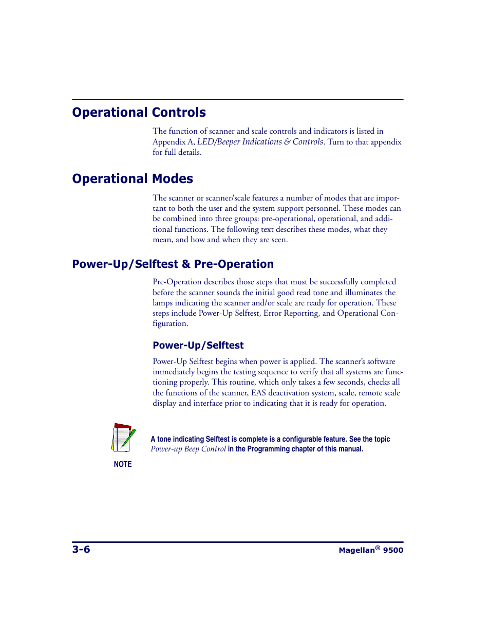 Operational controls, Operational modes, Power-up/selftest & pre-operation | Operational controls -6 operational modes -6, Power-up/selftest & pre-operation -6 | Datalogic Scanning 9500 User Manual | Page 76 / 460