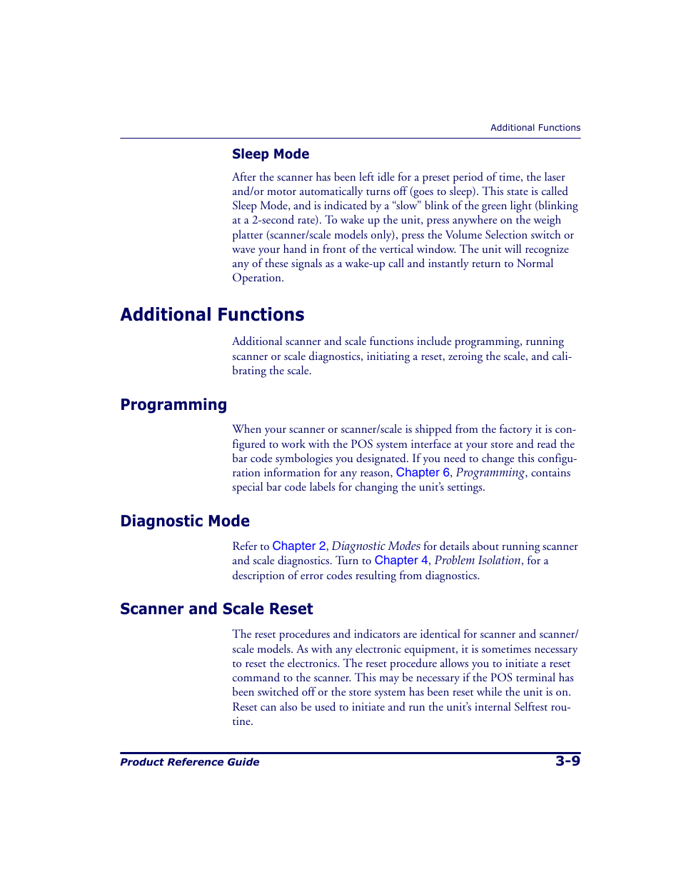 Additional functions, Programming, Diagnostic mode | Scanner and scale reset, Additional functions -9, Ee the topic, In chapter | Datalogic Scanning 9500 User Manual | Page 79 / 460