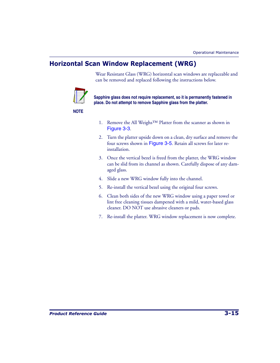 Horizontal scan window replacement (wrg), Horizontal scan window replacement (wrg) -15 | Datalogic Scanning 9500 User Manual | Page 85 / 460