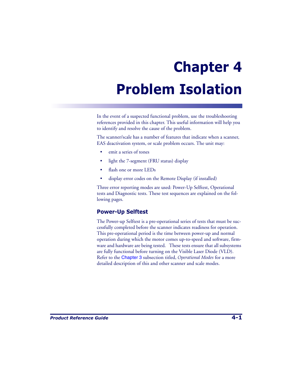 Problem isolation, Chapter 4. problem isolation -1, Chapter 4 | Problem isolation , for a, Chapter 4 problem isolation | Datalogic Scanning 9500 User Manual | Page 87 / 460