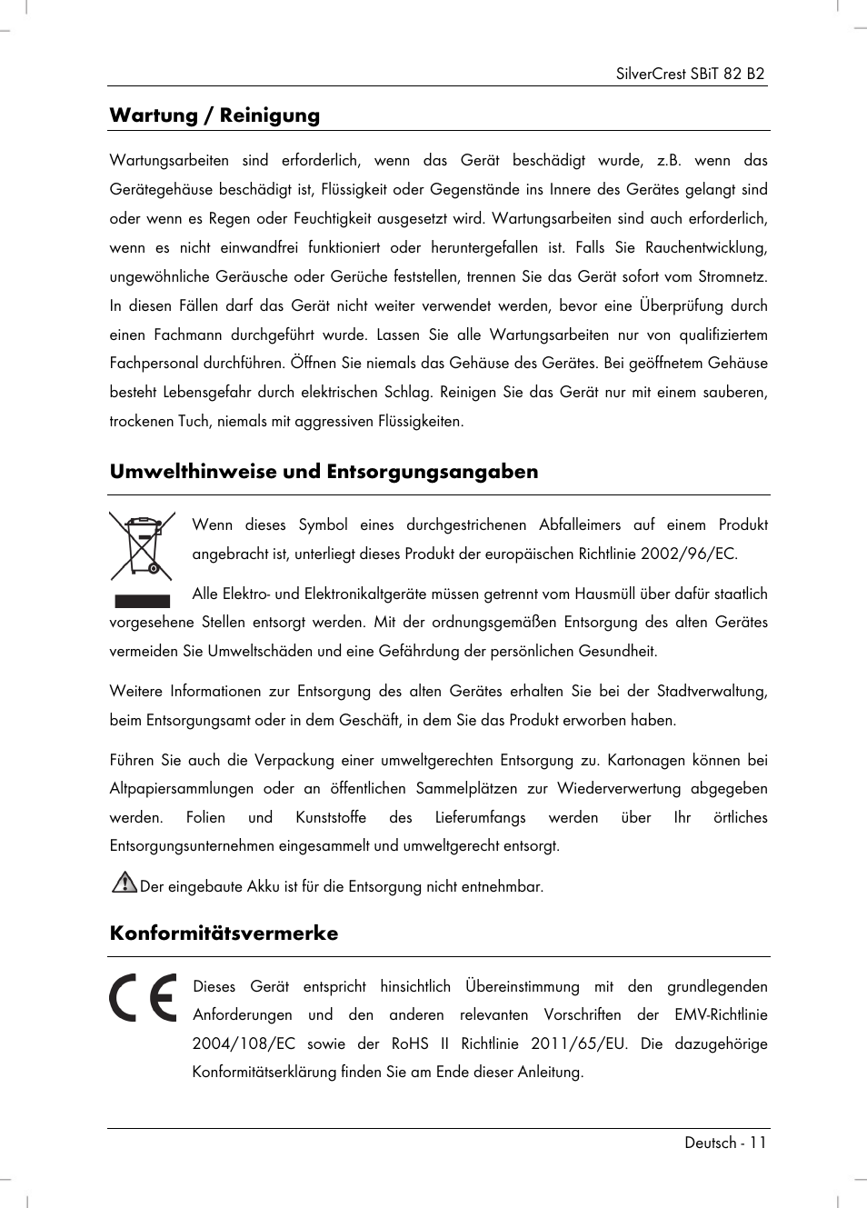 Wartung / reinigung, Umwelthinweise und entsorgungsangaben, Konformitätsvermerke | Silvercrest SBiT 82 B2 User Manual | Page 13 / 60