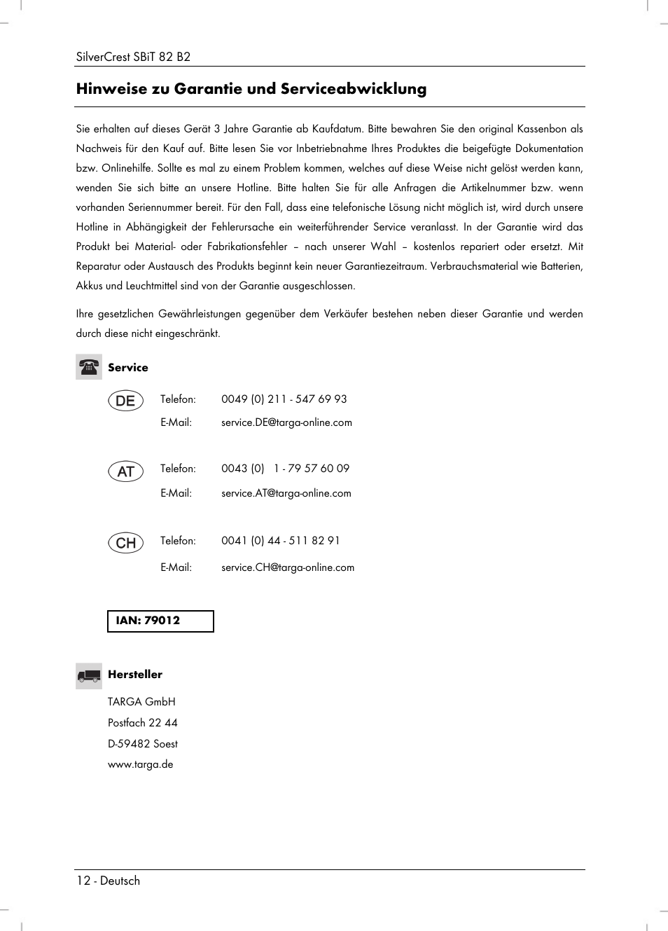 Hinweise zu garantie und serviceabwicklung | Silvercrest SBiT 82 B2 User Manual | Page 14 / 60