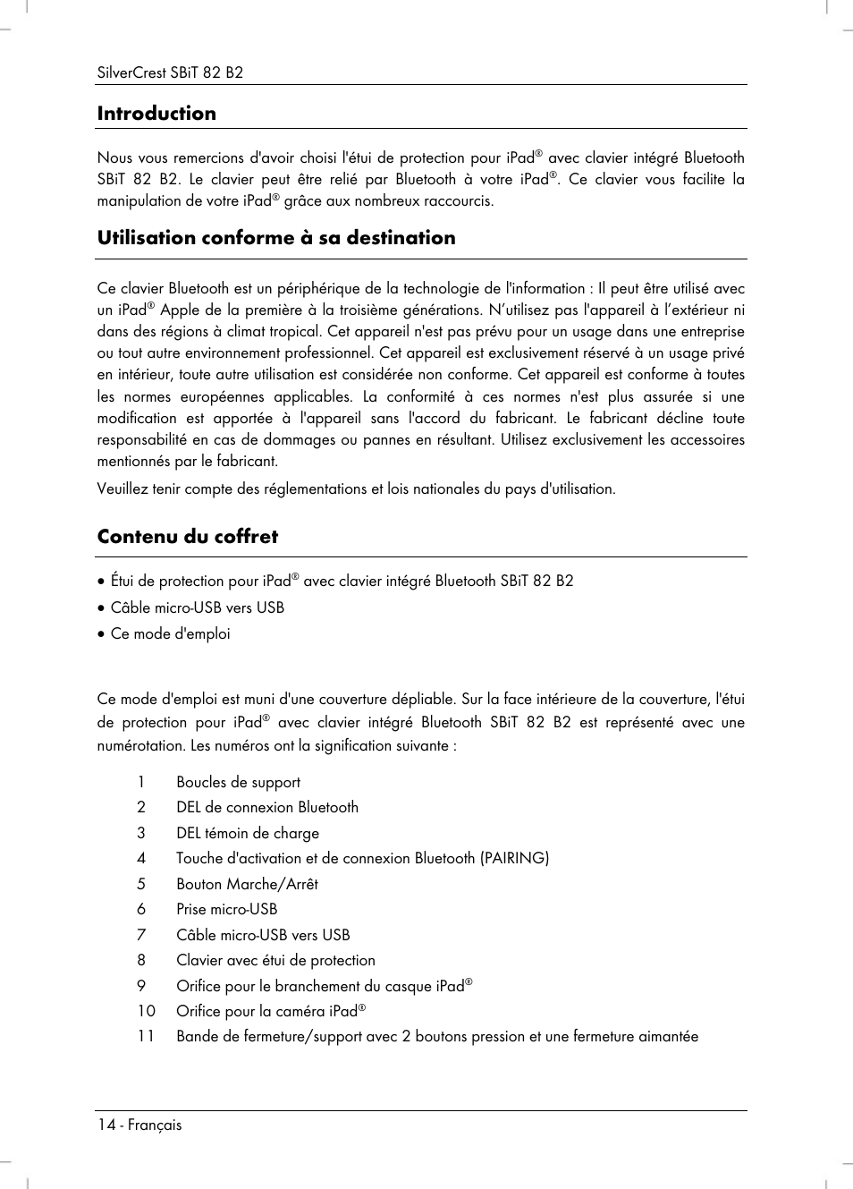 Introduction, Utilisation conforme à sa destination, Contenu du coffret | Silvercrest SBiT 82 B2 User Manual | Page 16 / 60