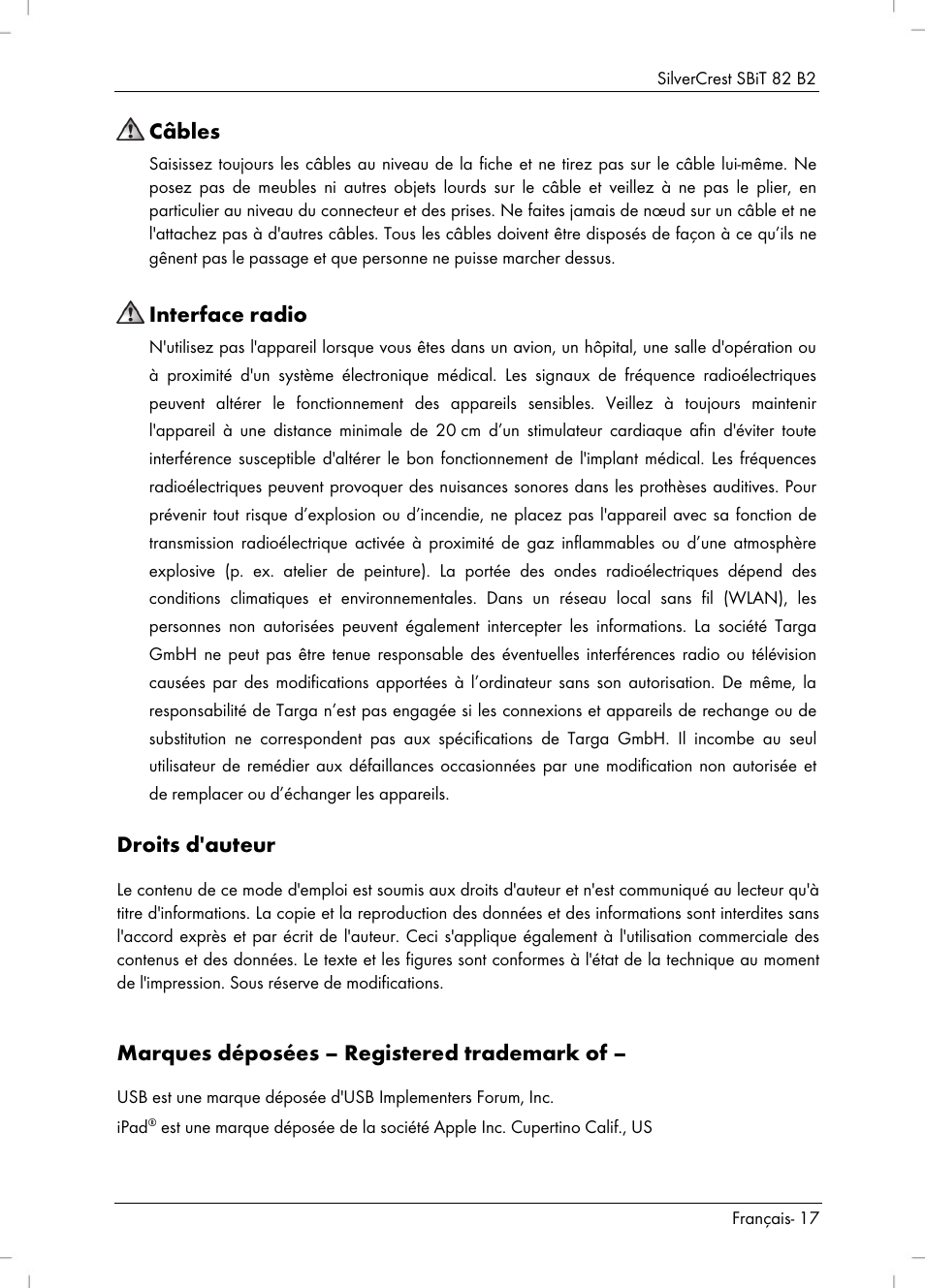 Câbles, Interface radio, Droits d'auteur | Marques déposées – registered trademark of | Silvercrest SBiT 82 B2 User Manual | Page 19 / 60