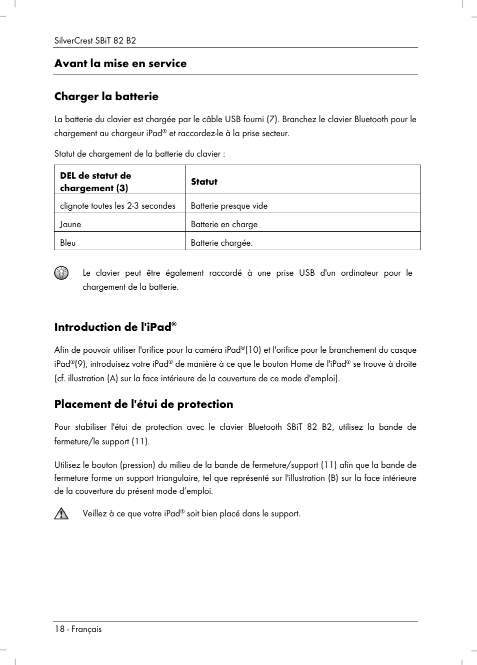 Avant la mise en service charger la batterie, Introduction de l'ipad, Placement de l'étui de protection | Silvercrest SBiT 82 B2 User Manual | Page 20 / 60