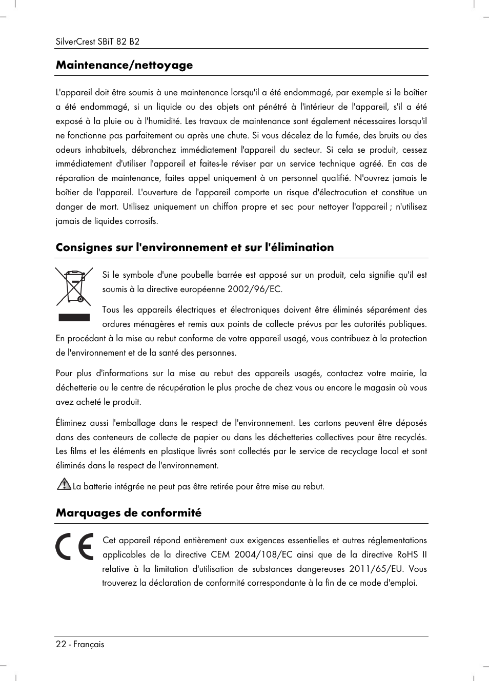 Maintenance/nettoyage, Consignes sur l'environnement et sur l'élimination, Marquages de conformité | Silvercrest SBiT 82 B2 User Manual | Page 24 / 60